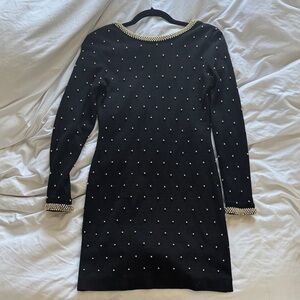 Pearl-Trimmed Black Long Sleeve Dress